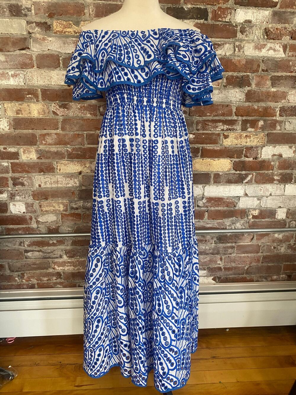 Daphne Lo Blue White Embroidered  Off-Shoulder Ruffle Maxi Dress Tiered Cotton L
